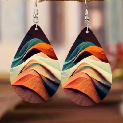 1 Pair Double Sided Rainbow Print Water Drop Wooden Hook Earrings For Women