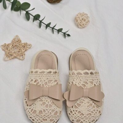 1 Pair Girls Crochet Peep Toe Flat Sandals With Bowknot & Ankle Strap, Suitable For Summer