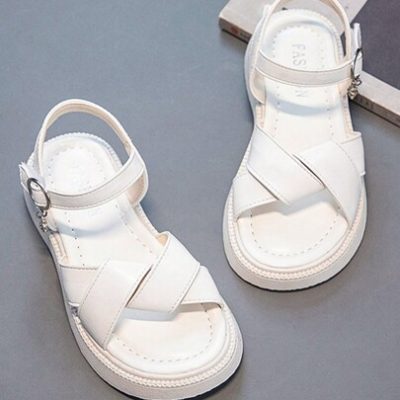 1 Pair Girls Fashionable Simple Flat Sandals With Magic Tape Closure And Open Toe