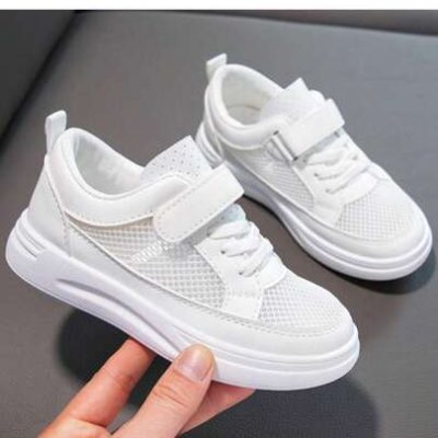 1 Pair Of Boys Girls Breathable Mesh Casual Students Pure White Sports Shoes