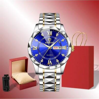 1 Set Men Watch Gift Set With Deluxe Box 30M Water Resistant Diamond Scale Luminous Pointer Dual Display Calendar Function Quartz Wrist Watch Party…