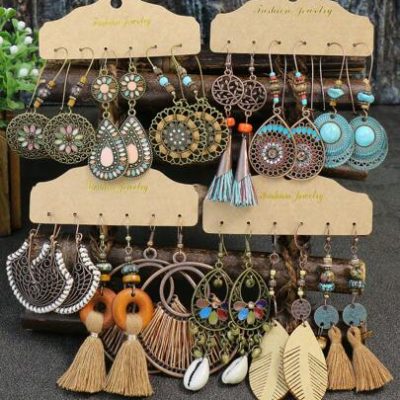 12pairs/set Vintage Geometric Round Shaped Earrings Set For Women With Tassel, Shell & Big Ring Design, Bohemian Drop Oil Ear Jewelry For Travel,…
