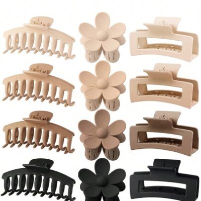 12pcs Women’s Minimalist Style Plastic Hair Claw Clips With Flower, Square, And Dragon Claws Design In Black And Brown. Simple, Stylish, And…