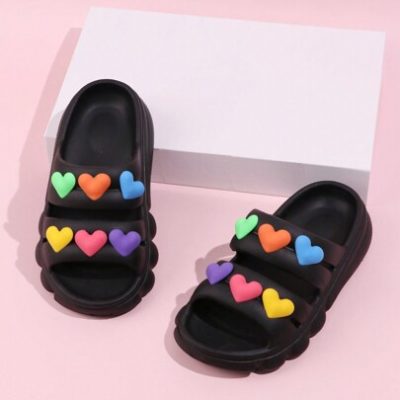 1pair Black Fashionable Lightweight Soft Heart Design Casual Slippers For Outdoor & Beach