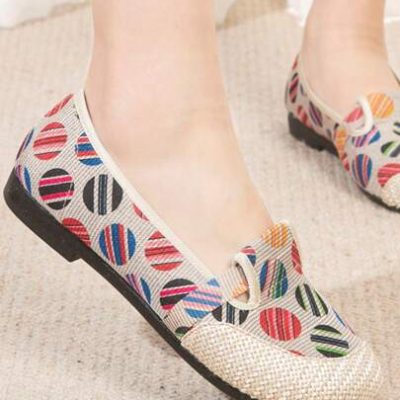 1pair Fashionable Round Pattern Linen Upper, Soft Bottom Casual Flat Shoes With Round Toe, Suitable For Teen Girls In Spring & Summer