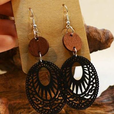 1pair Handmade Wooden Geometric Multilayer Hollow Out & Dyed Lightweight Earrings For Women