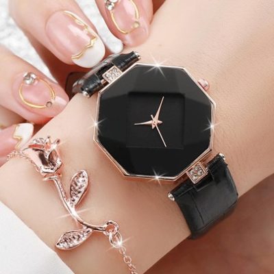 1pc Black Crocodile Embossed Rhinestone Decor PU Polyurethane Strap Fashion Geometric Dial Quartz Watch & 1pc Bracelet, For Daily Life