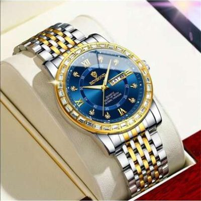 1pc Diamond Men Watch 30M Waterproof Luxury Gorgeous Style Stainless Steel Watch Case Luminous Hands Elegant Blue Dial Date & Day Display…