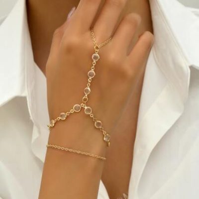1pc Double Layer Glass Chain Women’s Hand Chain Bracelet With Ring For Banquet, Dance Party And Vacation, All Match Style, Golden