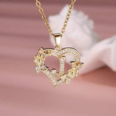 1Pc Exquisite Cubic Zirconia Initial Necklace Heart Carved 26 Letter A-Z And Flower Necklace For Women Daily Decoration