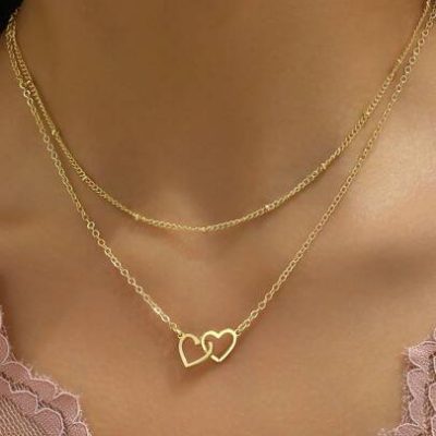 1pc Fashionable Double Heart Design Multilayered Necklace For Women’s Daily Wear, Date And Party