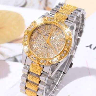 1pc Fashionable Round Quartz Wristwatch For Women With Diamond Studded Steel Strap