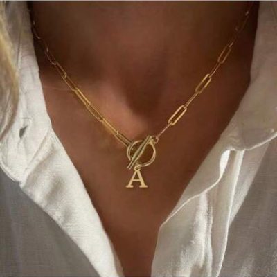 1pc Initial Pendant Stainless Steel Toggle Clasps Paperclip Chain Choker Necklace For Women