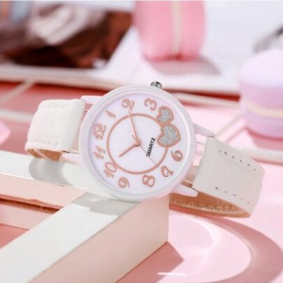 1pc Ladies Cute Heart Dial Simple & Fashionable Leather Strap Quartz Watch, Perfect For Daily Decor