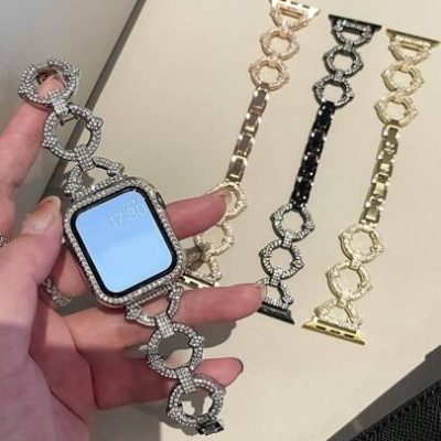 1pc Luxurious Triple Apple Watch Band Full Rhinestone Metal Watch Strap Compatible With 38/40/41/42/44/45/49mm Apple Watch Ultra Series…