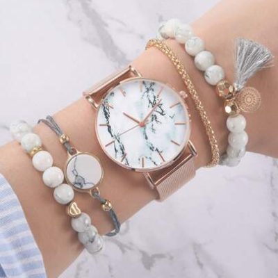 1pc Marble Print Dial Quartz Watch & 4pcs Bracelet