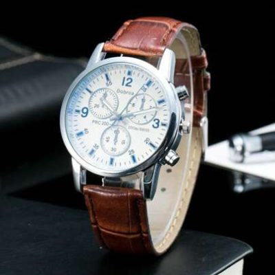 1pc Men Crocodile Embossed Coffee Brown PU Polyurethane Strap Casual Round Dial Quartz Watch, For Daily Life
