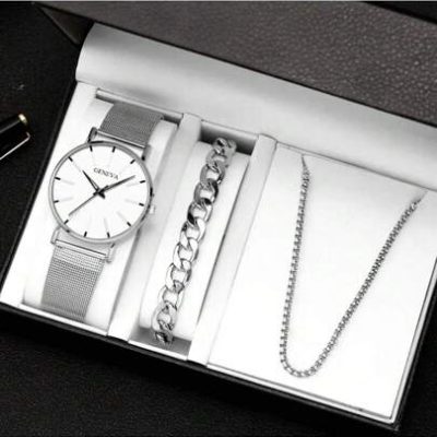 1pc Men’s Casual Quartz Watch With Date Display And 1pc Necklace And 1pc Bracelet