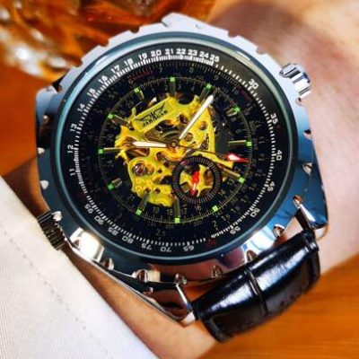 1pc Men’s Sport Automatic Mechanical Wristwatch With Hollowed-Out Design, Luminous Hands And High-End Brand, Black Leather Strap For Business And…