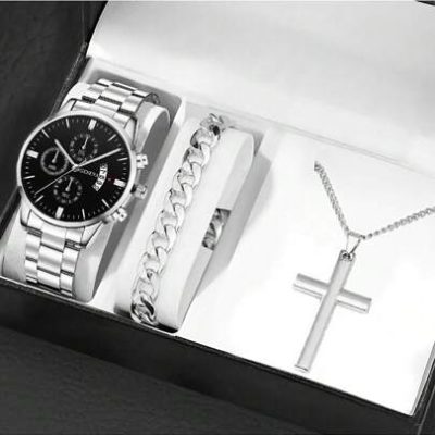 1pc Men’s Stainless Steel Quartz Date Wrist Watch And 1pc Necklace And 1pc Bracelet