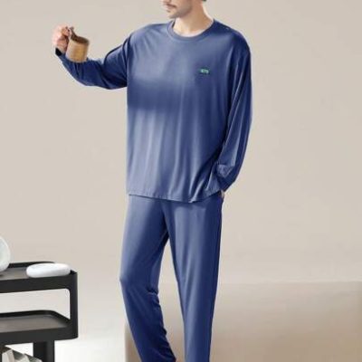 1pc Modal Solid Color Easter/Valentine’s Day Gift Men’s Casual Loose Spring/Summer Round Neck Sleepwear Plain Blue Split Hem Couples Homewear Set