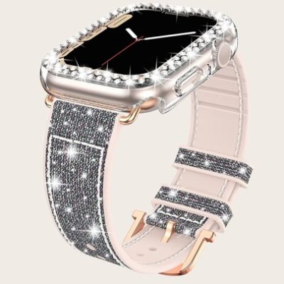 1pc Rhinestone Decor Case & Glitter Silicone Watchband Compatible With Apple Watch Band Series Se/9/8/7/6/5/4/3/2/1,…