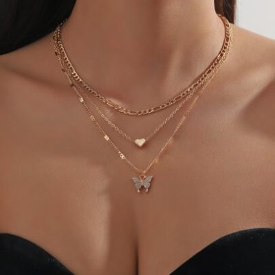 1pc Stylish Casual Multilayer Necklace With Butterfly, Heart Shaped Pendant And Rhinestone For Festival Party