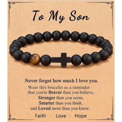 1pc Stylish Cross Beaded Bracelet With Hope, Faith, Love Engraved, Suitable For Men, Sons, Family Members On Birthdays, Christmas Or Valentine’s Day