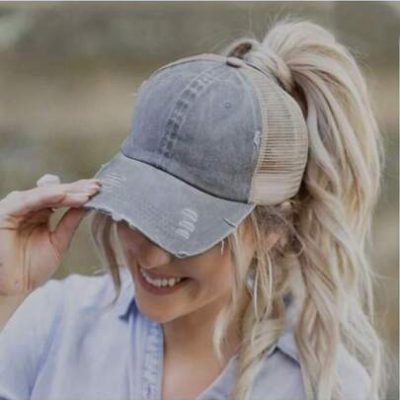 1PC Vintage Ponytail Baseball Cap Women Adjustable Snapback Hat Mesh Distressed Summer Cap Woman Sunhat (There Are Irregular Scratches On The Brim…