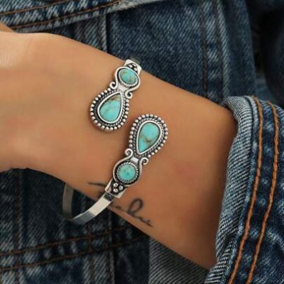 1pc Western Turquoise Stone Antique Cuff Bangle Bracelet For Women