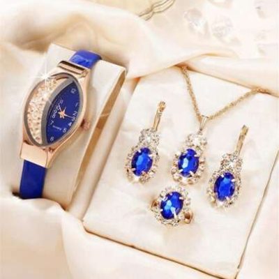 1pc Women Blue PU Polyurethane Strap Glamorous Rhinestone Decor Oval Dial Quartz Watch & 4pcs Jewelry Set, For Daily Decoration