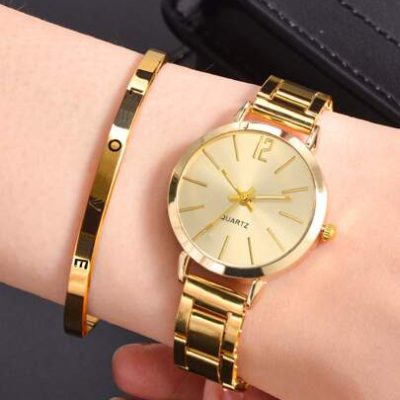 1pc Women Gold Zinc Alloy Strap Business Round Dial Quartz Watch & 1pc Bracelet, For Daily Life