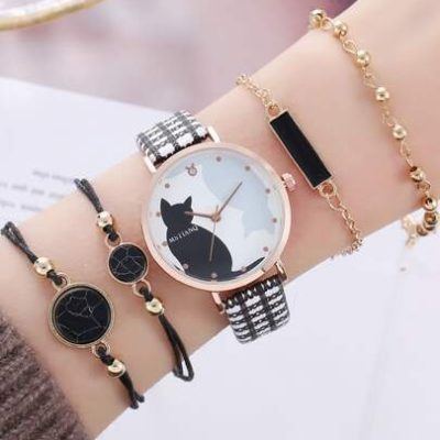 1pc Women Plaid PU Polyurethane Strap Cat Pattern Zinc Alloy Fashion Round Dial Quartz Watch & 4pcs Bead & Geometric Decor Jewelry set, For Daily…