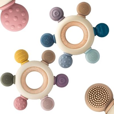 2 Packs Baby Teething Toy, Textured Silicone Teether Soothes Babies’ Sore Gums, Sensory Exploration and Teething Relief for Baby Over 3 Month