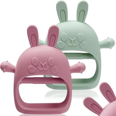 2 Packs Bunny Teething Toys for Babies 0-6 Months,Never Drop Teether for 6-12 Months,100% Food-Grade Silicone Teething Mitten for Babies,Teething…