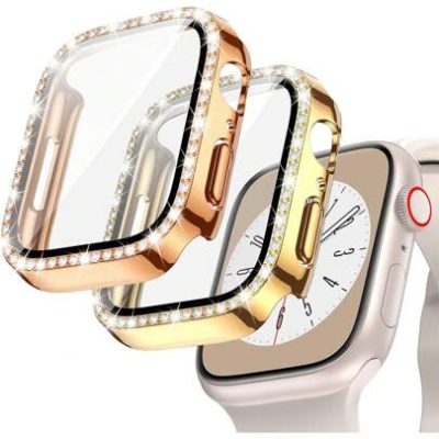 2 Pcs Apple Watch Case Sparkling Diamond PC Plating Protective Cover With HD Hardened Tempered Glass Screen Protector For Ultra/SE/8/7/6/5/4/3/2/1…