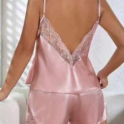 2023 New Women’s Lace Back Ice Silk Pajamas Set Including Short Lace Camisole And Shorts, Suitable For Four Seasons, Fashionable And Elegant Home…