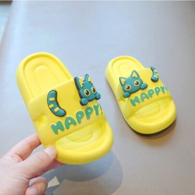 2024 New Summer Arrival Kids Cartoon Cat-Shaped Yellow High Elasticity Rubber Thick Bottom Anti-Slip Beach Indoor Outdoor Flip Flops