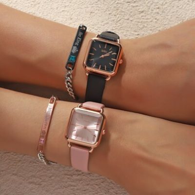 2pcs Classic Simple Small Square Quartz Watch And 2pcs Bracelet Suitable For Daily Wear