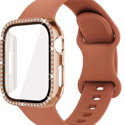 2pcs/Set Apple Watch Strap Apple Watch Case Women’s Rose Gold Sports Leisure Watch With Soft Sweat-Proof Butterfly Clasp Comfortable Silicone…