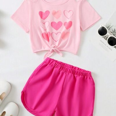 2pcs/Set Baby Girls’ Heart Print Short Sleeve Top And Sports Shorts Summer Outfits