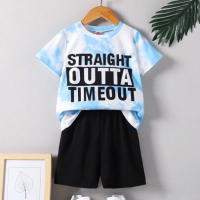 2pcs/Set Boys” Casual Style Short Sleeve Tie-Dye Printed T-Shirt With Alphabet Pattern & Black Shorts, Summer