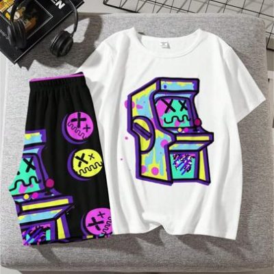 2pcs/Set Casual Cartoon Expression Printed T-Shirt And Shorts With Round Neck Collar For Tween Boys, Summer