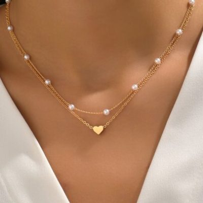 2pcs/Set Fashion Heart & Faux Pearl Decor Necklace For Women For Daily Decoration Copper Jewelry