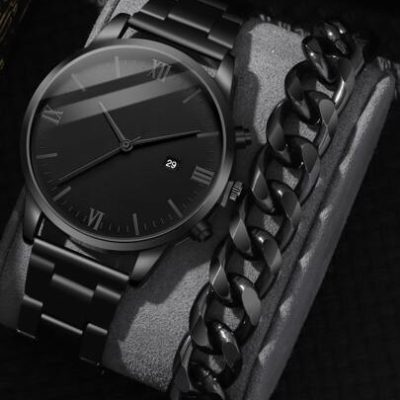 2pcs/set Fashionable Business Style Men’s Stainless Steel Quartz Watch With Trendy Chain Bracelet