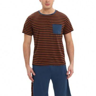 2pcs/Set Men Striped Color Block Short Sleeve T-Shirt And Shorts Sleepwear Homewear Sportswear