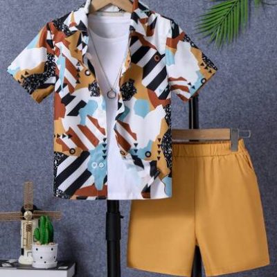 2pcs/Set Summer Casual All Over Printed Short Sleeve Shirt And Solid Color Shorts For Tween Boys