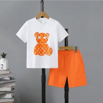 2pcs/Set Summer Fashion Cute Cartoon Bear Printed Short Sleeve T-Shirt And Shorts Casual Outfits For Young Boys