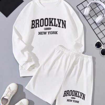 2pcs/Set Teen Boys’ Leisure Letter Printed Sweatshirt And Shorts