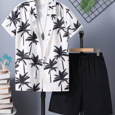 2pcs/Set Teenage Boys’ Palm Trees Printed Short Sleeve Shirt And Shorts For Vacation